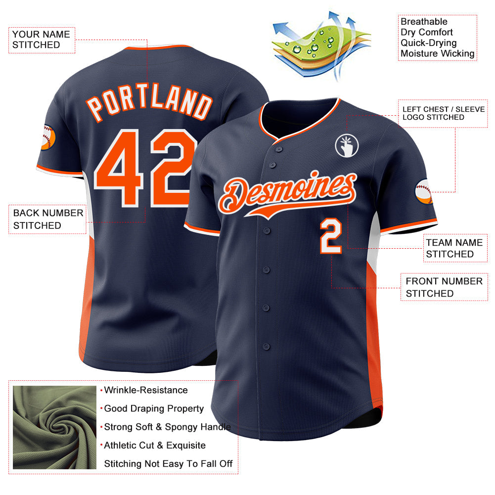 Custom Navy Orange-White Classic Color Block Side Panel Stripe Authentic Baseball Jersey view 3