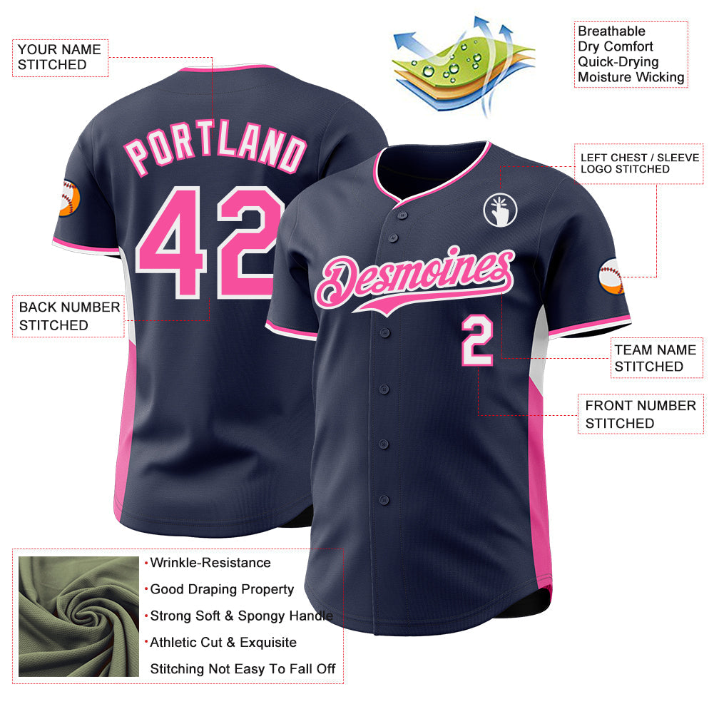 Custom Navy Pink-White Classic Color Block Side Panel Stripe Authentic Baseball Jersey view 3