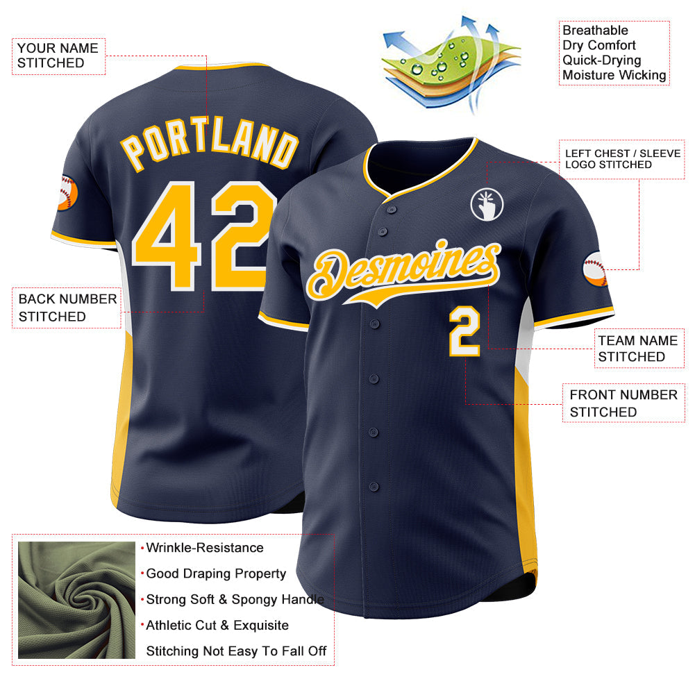 Custom Navy Gold-White Classic Color Block Side Panel Stripe Authentic Baseball Jersey view 3