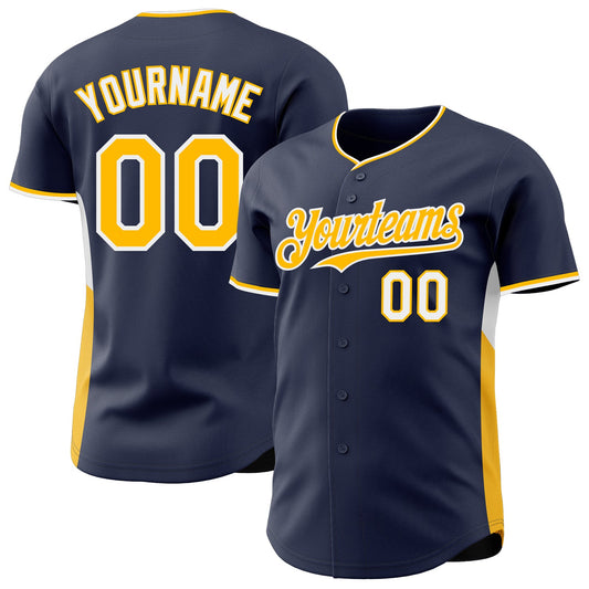 Custom Navy Gold-White Classic Color Block Side Panel Stripe Authentic Baseball Jersey - Main View