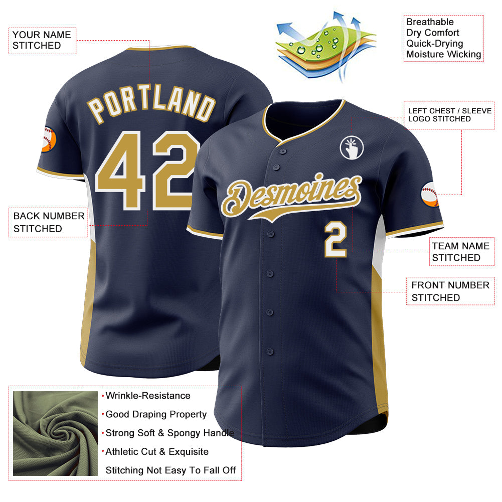 Custom Navy Old Gold-White Classic Color Block Side Panel Stripe Authentic Baseball Jersey view 3