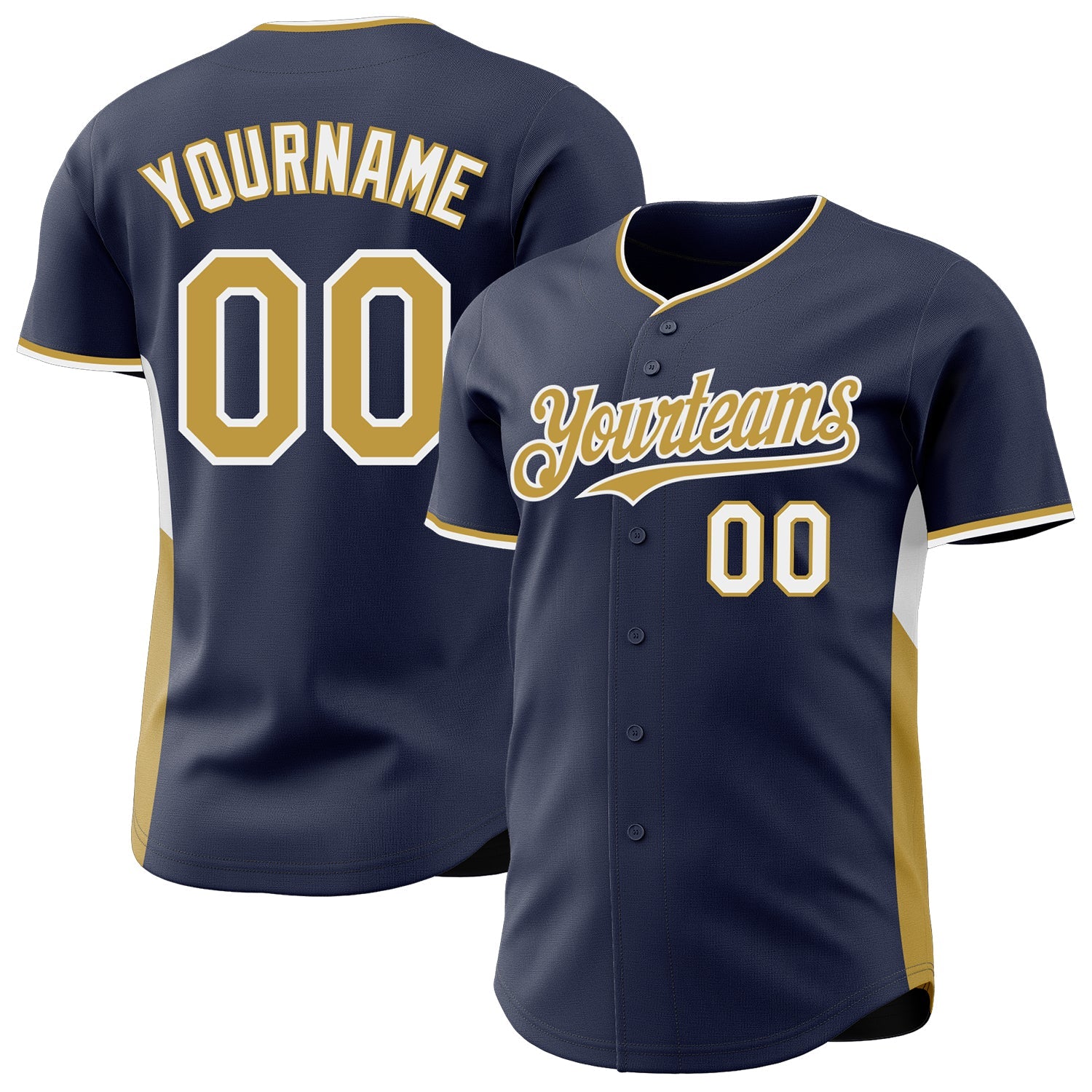 Custom Navy Old Gold-White Classic Color Block Side Panel Stripe Authentic Baseball Jersey - Main View