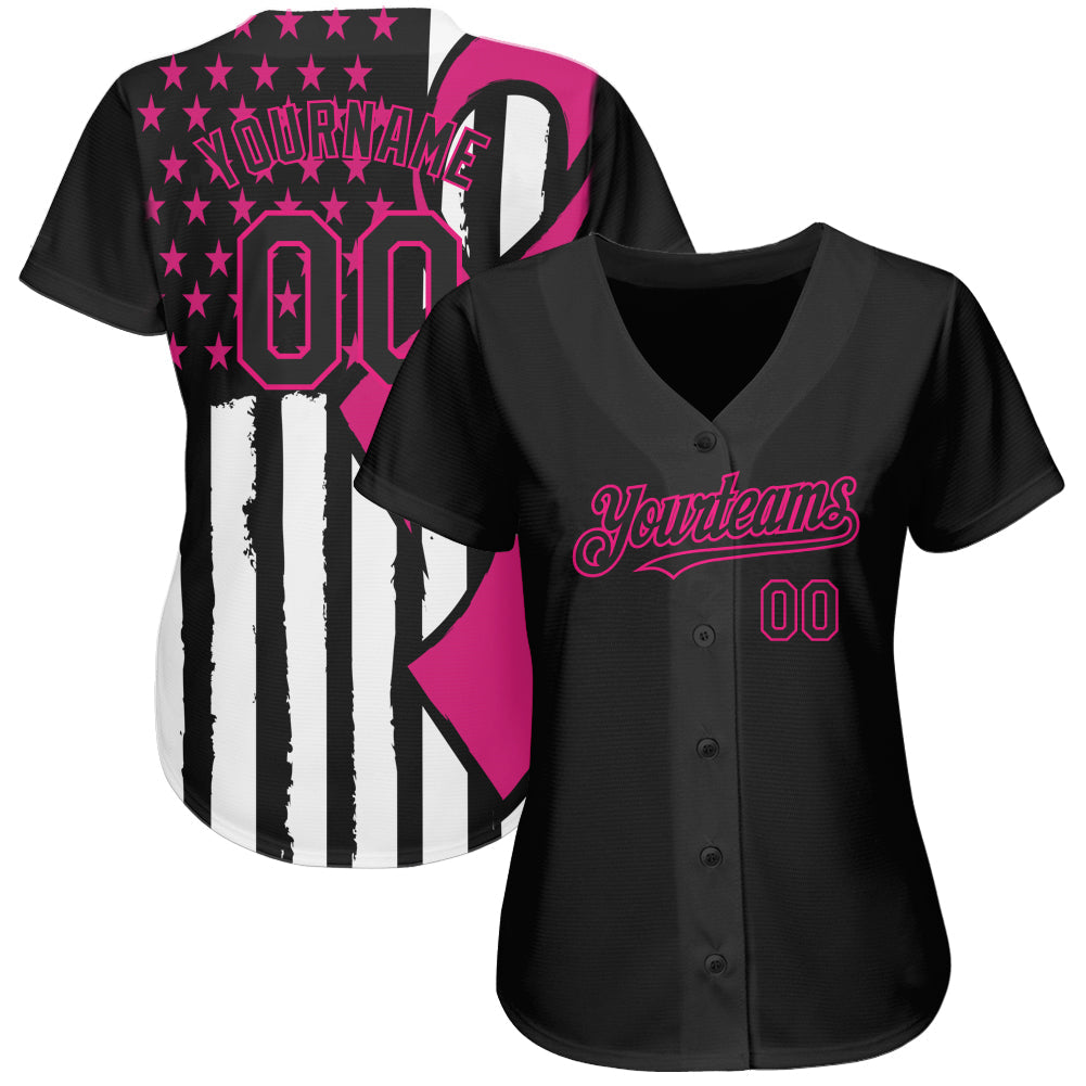 Custom Black Hot Pink-White 3D Pink Ribbon Breast Cancer Awareness Month Women Health Care Support Authentic Baseball Jersey view 2