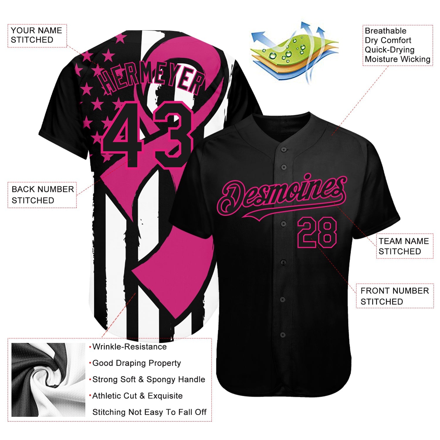 Custom Black Hot Pink-White 3D Pink Ribbon Breast Cancer Awareness Month Women Health Care Support Authentic Baseball Jersey view 3