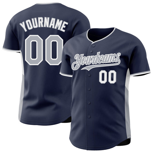 Custom Navy Gray-White Classic Color Block Side Panel Stripe Authentic Baseball Jersey - Main View