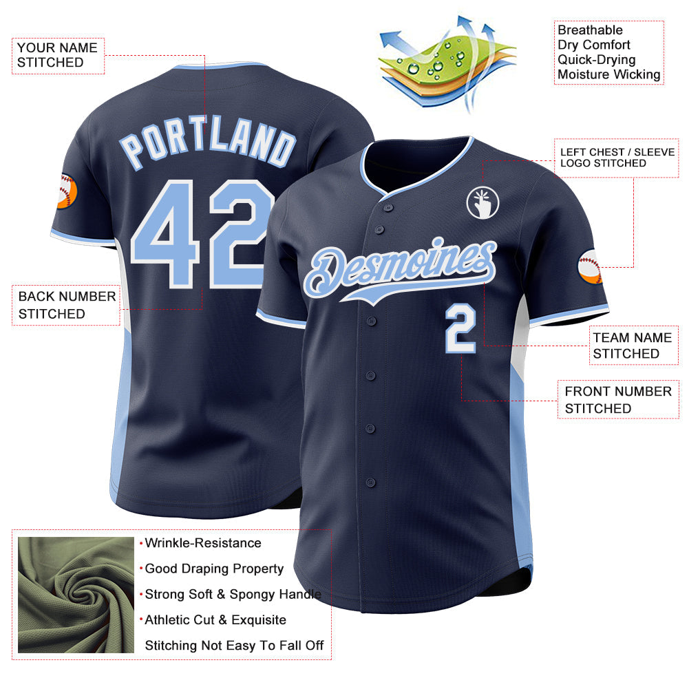 Custom Navy Light Blue-White Classic Color Block Side Panel Stripe Authentic Baseball Jersey view 3