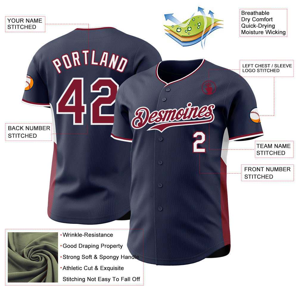 Custom Navy Crimson-White Classic Color Block Side Panel Stripe Authentic Baseball Jersey view 3