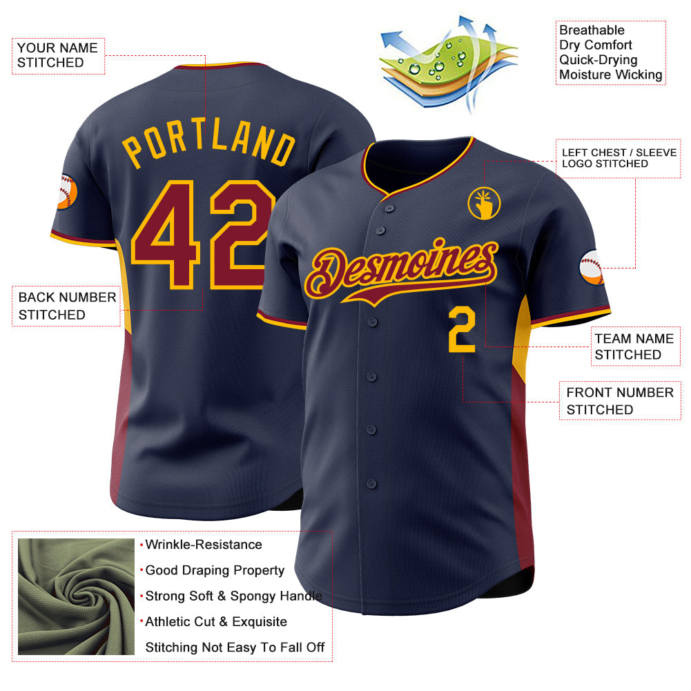 Custom Navy Crimson-Gold Classic Color Block Side Panel Stripe Authentic Baseball Jersey view 3