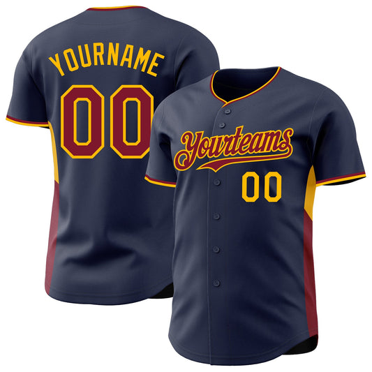 Custom Navy Crimson-Gold Classic Color Block Side Panel Stripe Authentic Baseball Jersey - Main View