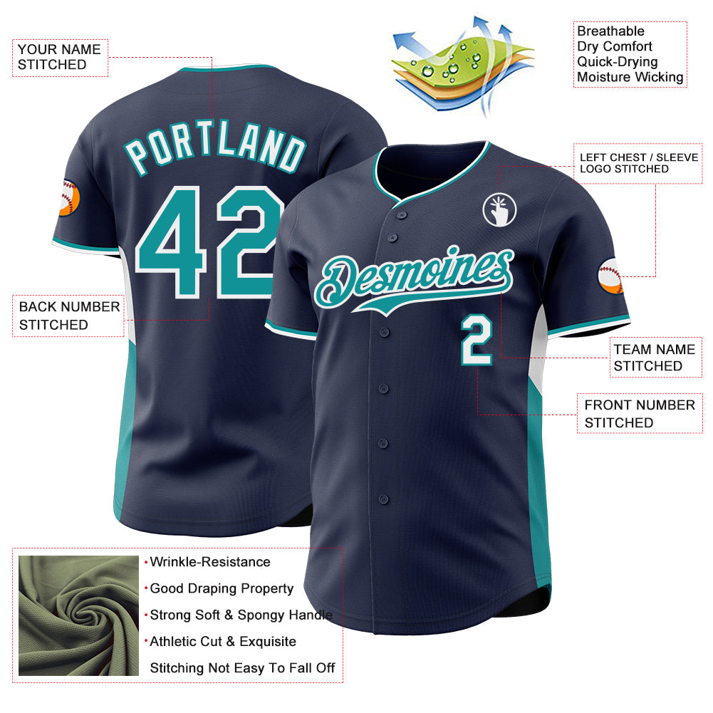Custom Navy Teal-White Classic Color Block Side Panel Stripe Authentic Baseball Jersey view 3