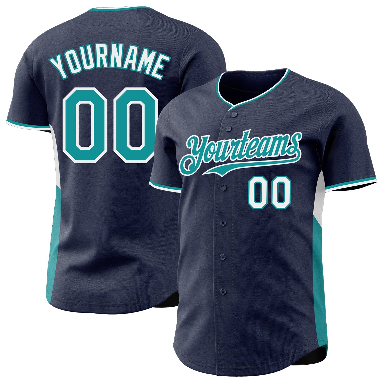 Custom Navy Teal-White Classic Color Block Side Panel Stripe Authentic Baseball Jersey - Main View