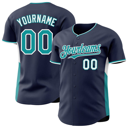 Custom Navy Teal-White Classic Color Block Side Panel Stripe Authentic Baseball Jersey - Main View
