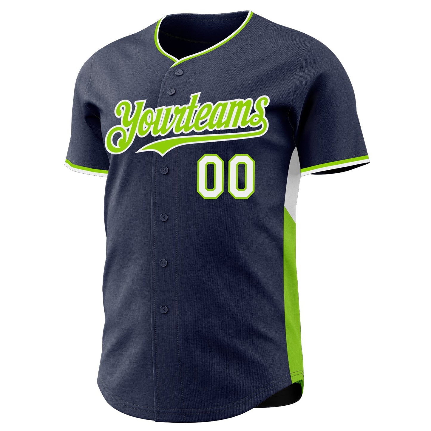 Custom Navy Neon Green-White Classic Color Block Side Panel Stripe Authentic Baseball Jersey view 2