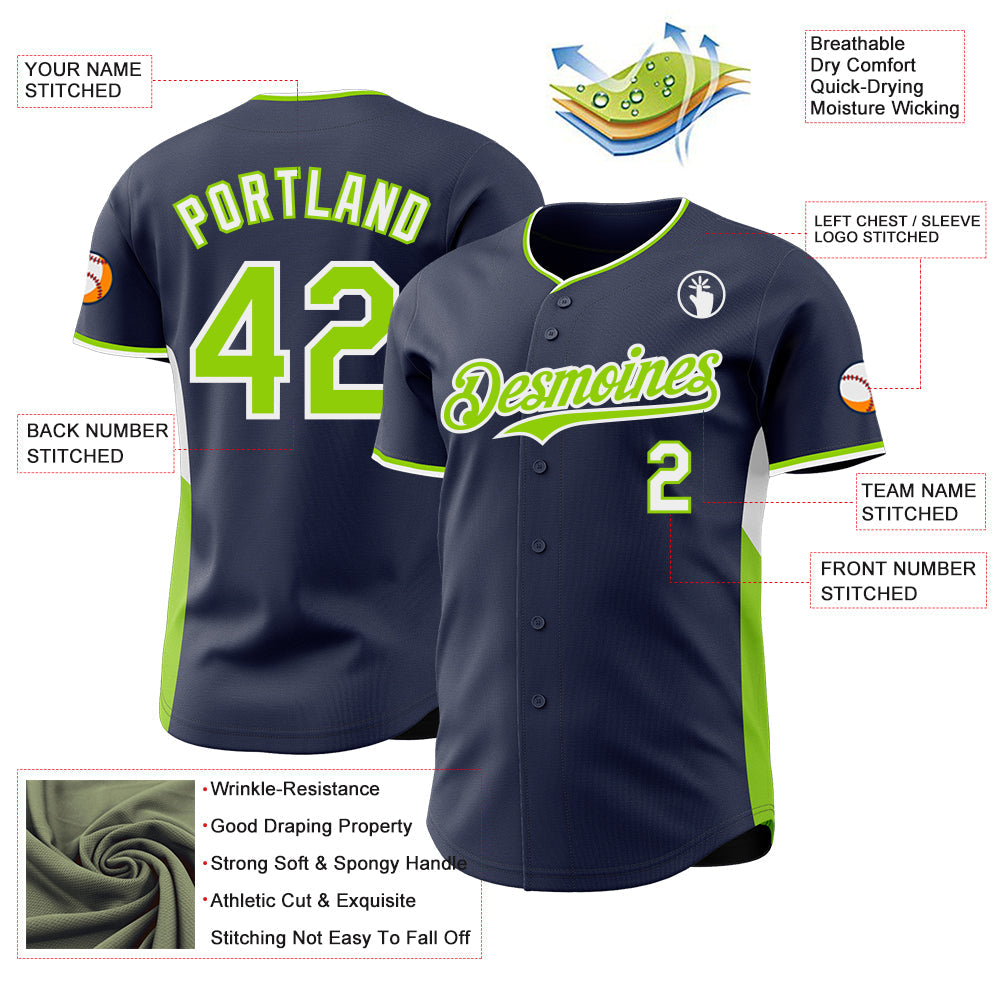 Custom Navy Neon Green-White Classic Color Block Side Panel Stripe Authentic Baseball Jersey view 3