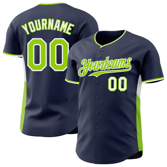 Custom Navy Neon Green-White Classic Color Block Side Panel Stripe Authentic Baseball Jersey - Main View