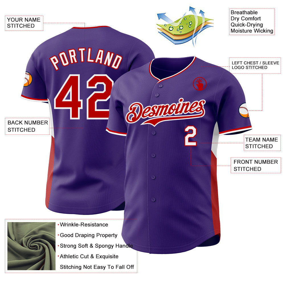 Custom Purple Red-White Classic Color Block Side Panel Stripe Authentic Baseball Jersey view 3