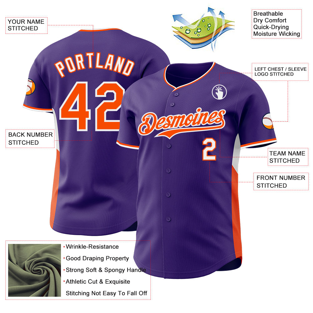 Custom Purple Orange-White Classic Color Block Side Panel Stripe Authentic Baseball Jersey view 3