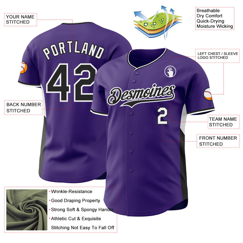 Custom Purple Black-White Classic Color Block Side Panel Stripe Authentic Baseball Jersey view 3