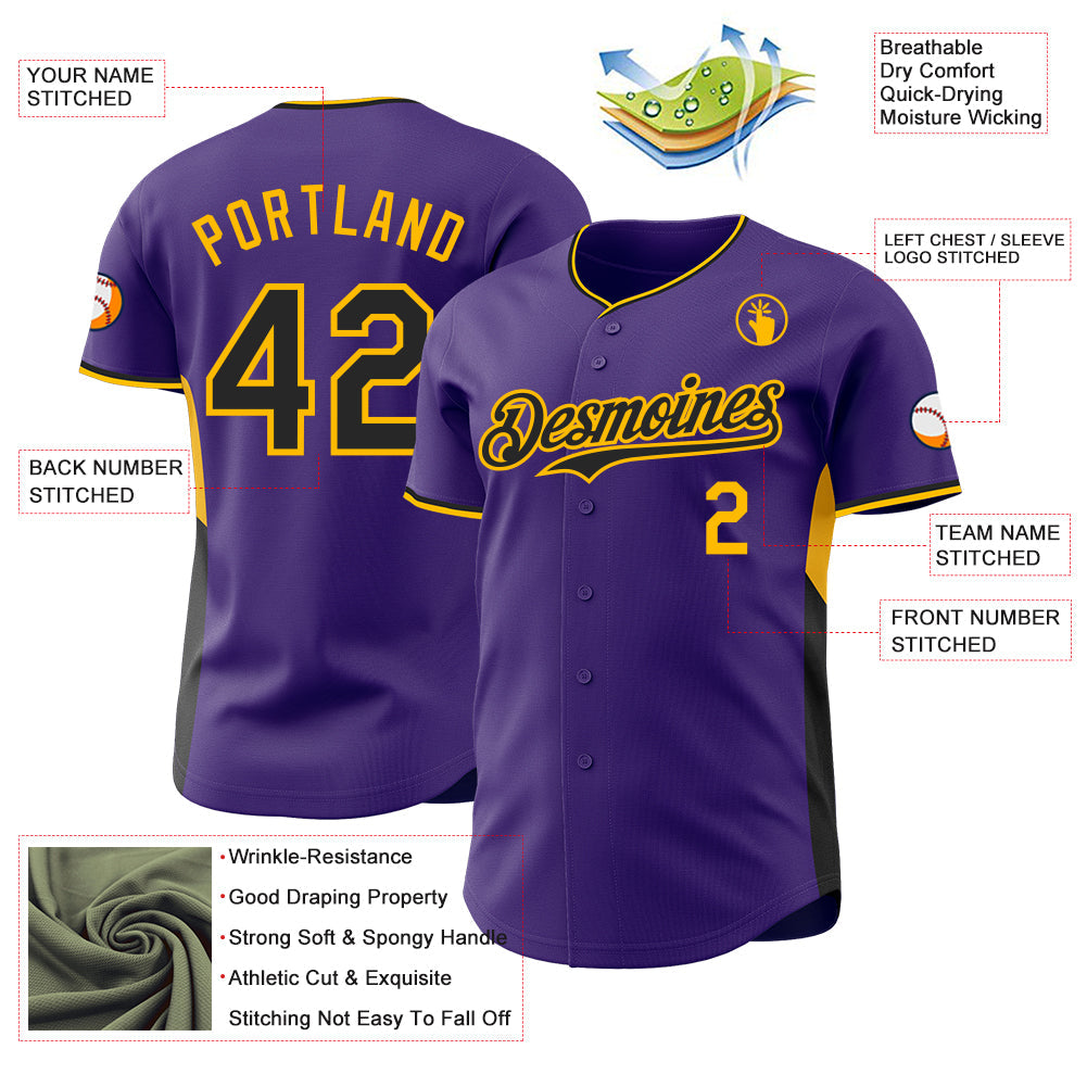 Custom Purple Black-Gold Classic Color Block Side Panel Stripe Authentic Baseball Jersey view 3