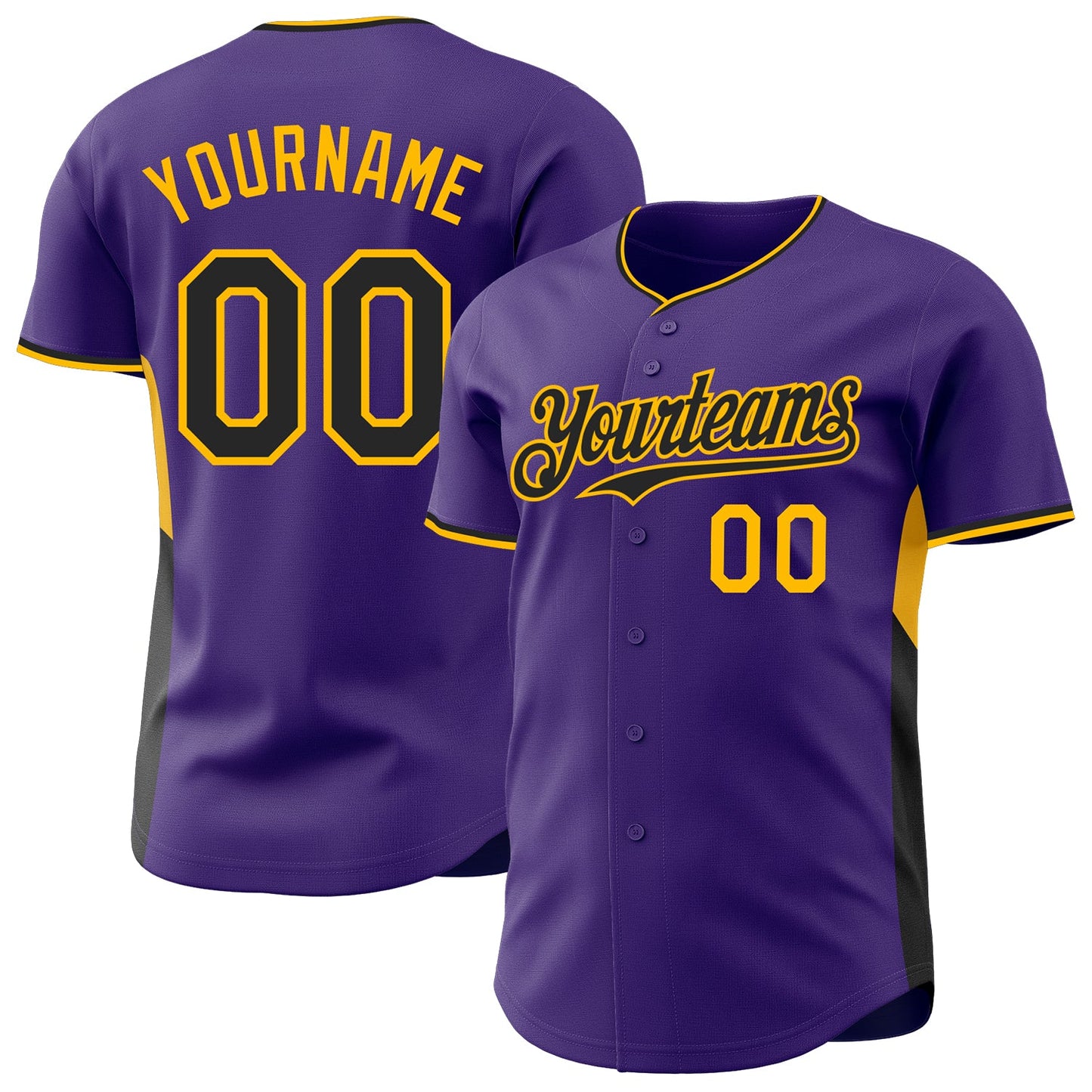 Custom Purple Black-Gold Classic Color Block Side Panel Stripe Authentic Baseball Jersey - Main View