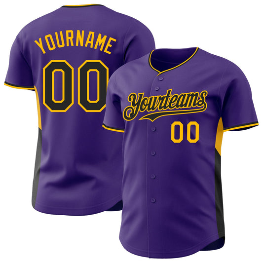 Custom Purple Black-Gold Classic Color Block Side Panel Stripe Authentic Baseball Jersey - Main View