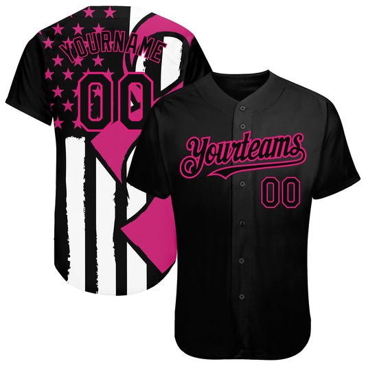 Custom Black Hot Pink-White 3D Pink Ribbon Breast Cancer Awareness Month Women Health Care Support Authentic Baseball Jersey - Main View