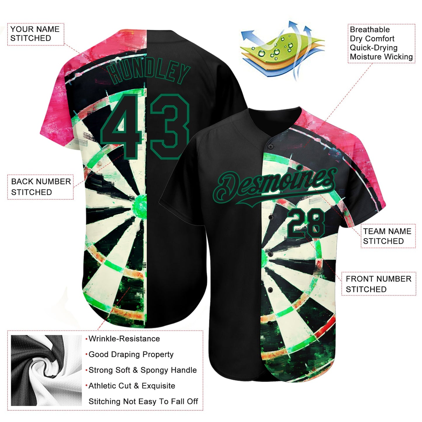 Custom Black Kelly Green-Red 3D Pattern Design Dart Board Authentic Baseball Jersey view 3