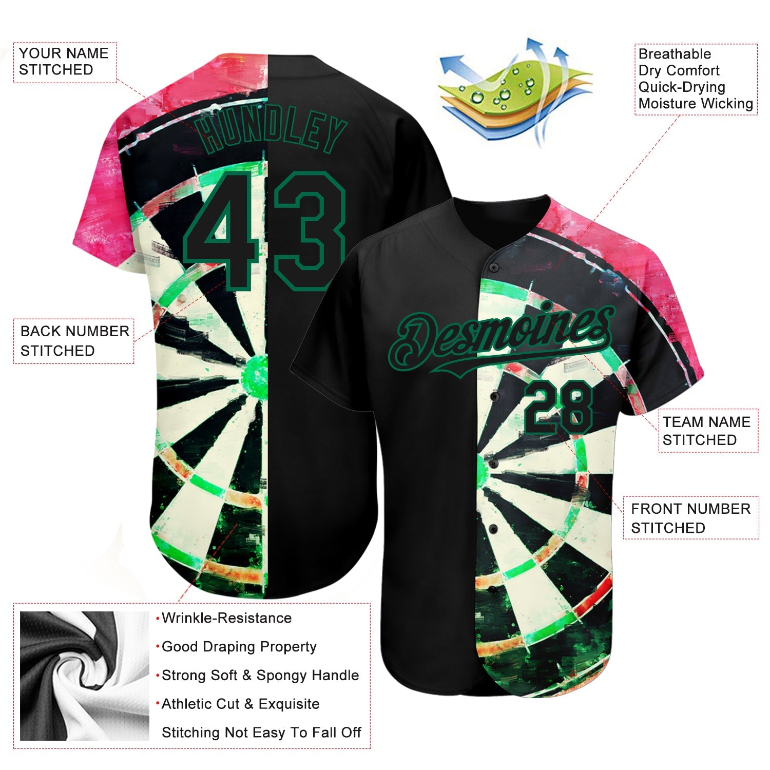 Custom Black Kelly Green-Red 3D Pattern Design Dart Board Authentic Baseball Jersey view 3