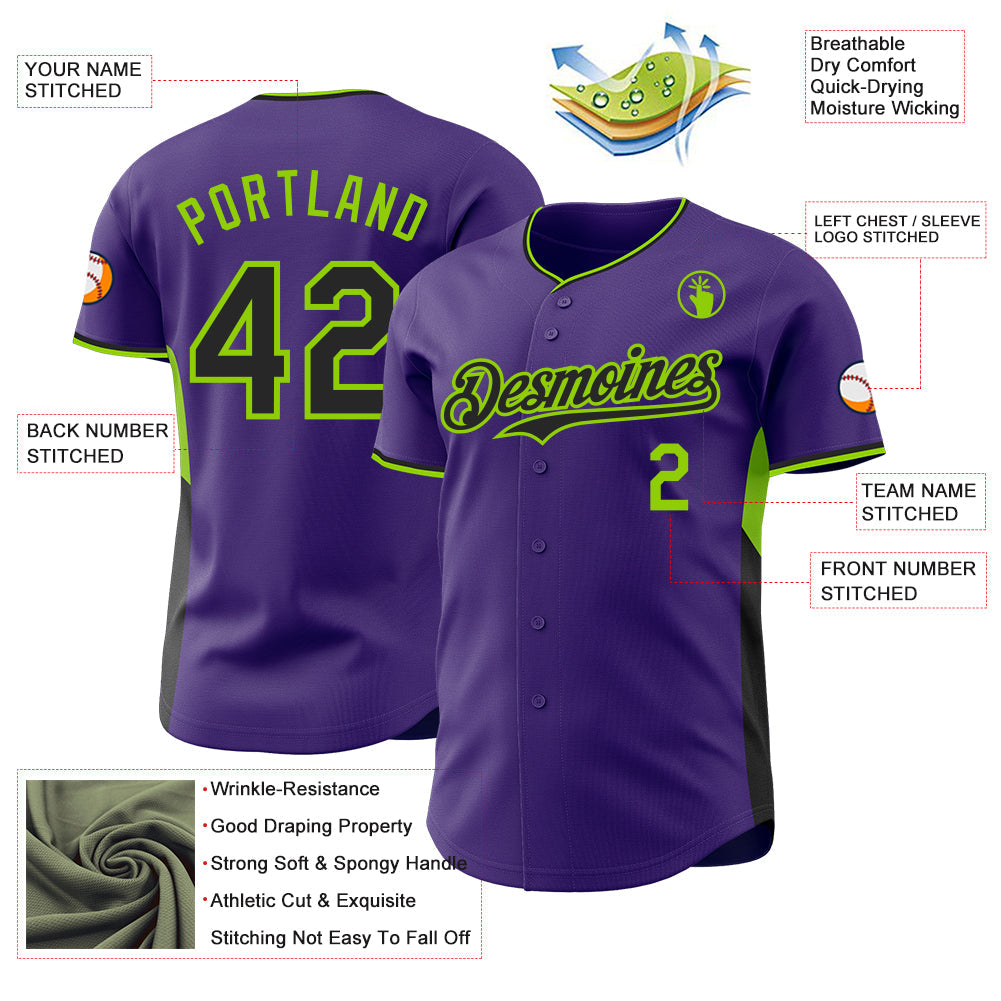 Custom Purple Black-Neon Green Classic Color Block Side Panel Stripe Authentic Baseball Jersey view 3