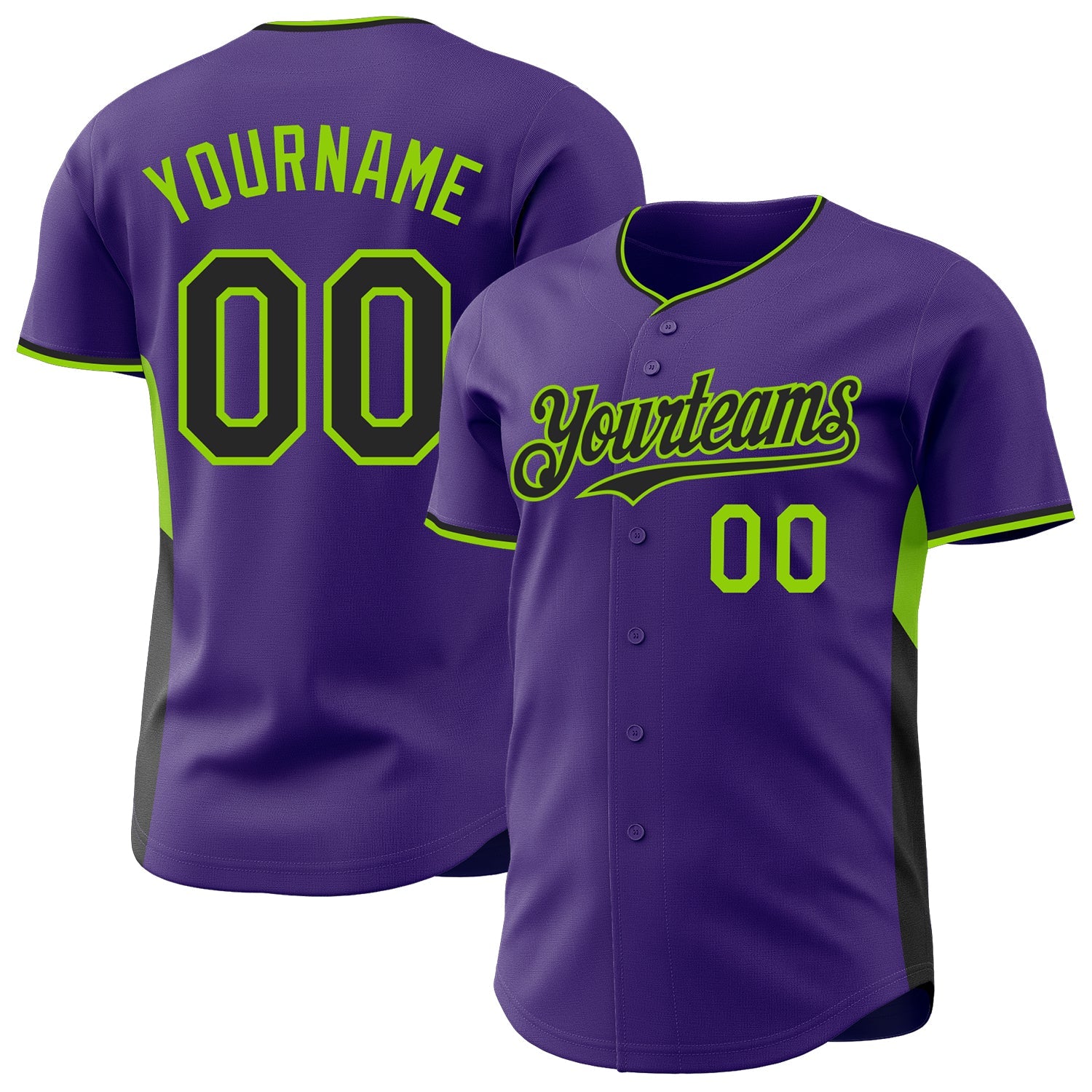 Custom Purple Black-Neon Green Classic Color Block Side Panel Stripe Authentic Baseball Jersey - Main View