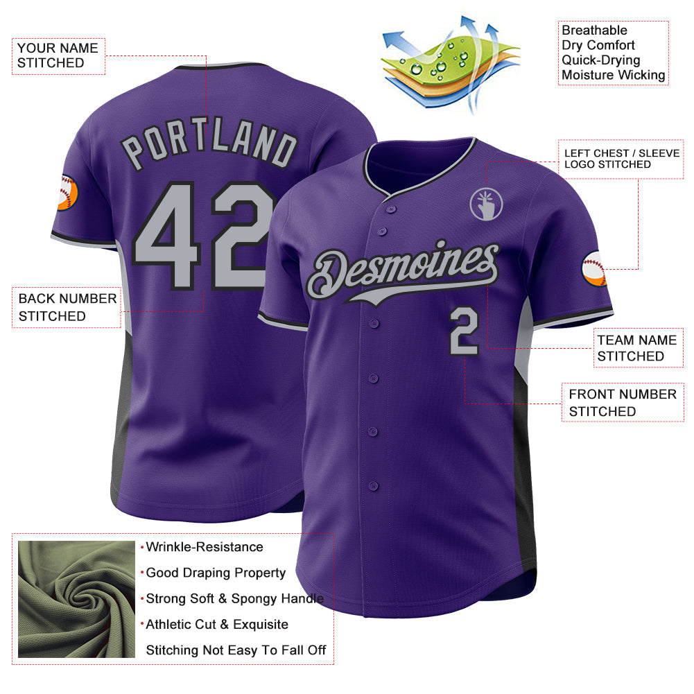 Custom Purple Gray-Black Classic Color Block Side Panel Stripe Authentic Baseball Jersey view 3