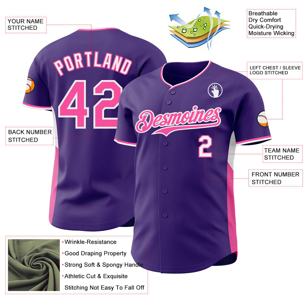 Custom Purple Pink-White Classic Color Block Side Panel Stripe Authentic Baseball Jersey view 3