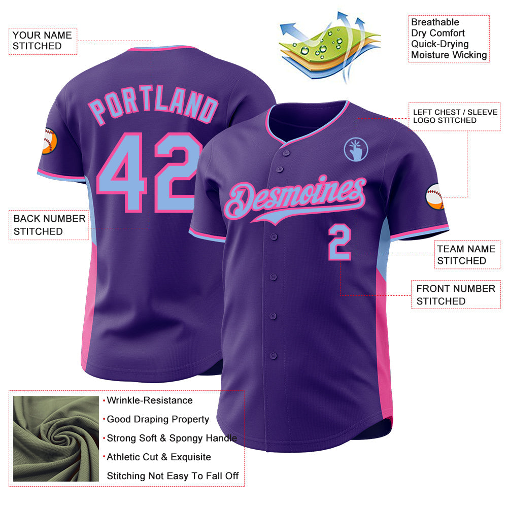 Custom Purple Light Blue-Pink Classic Color Block Side Panel Stripe Authentic Baseball Jersey view 3