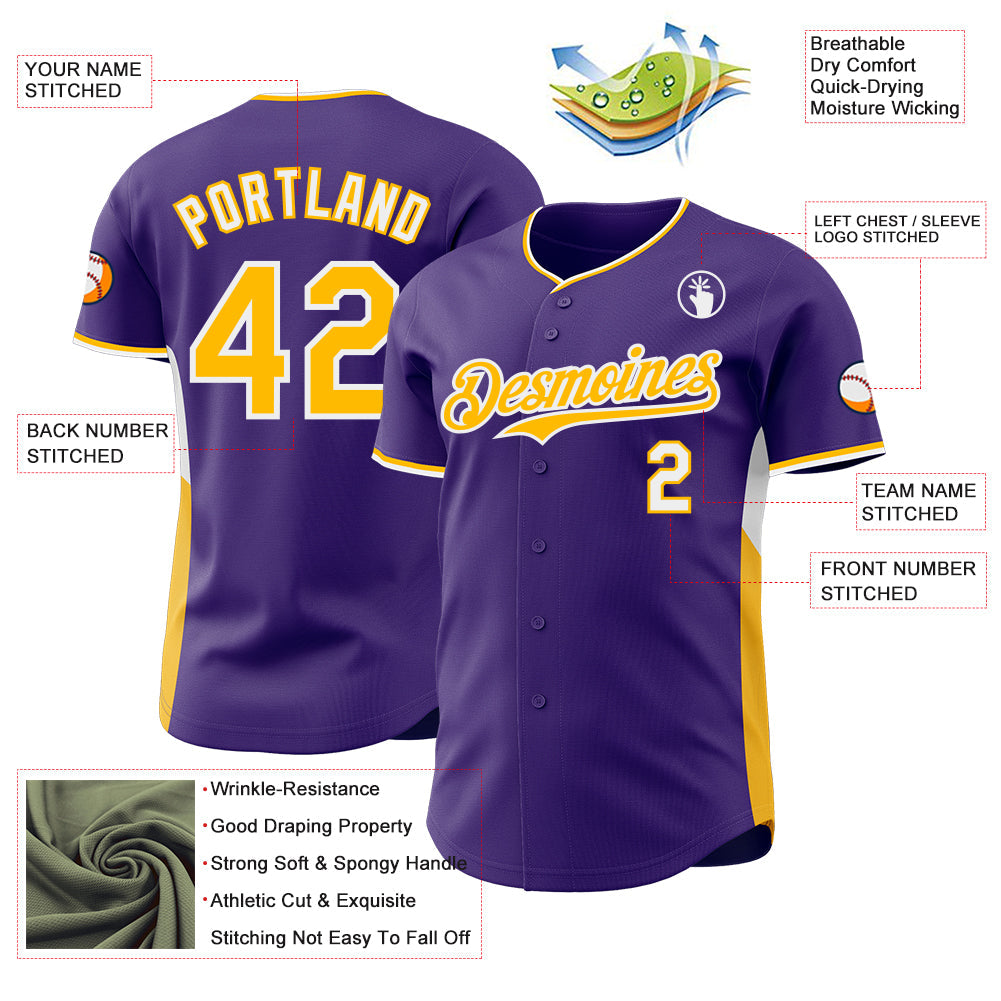 Custom Purple Gold-White Classic Color Block Side Panel Stripe Authentic Baseball Jersey view 3