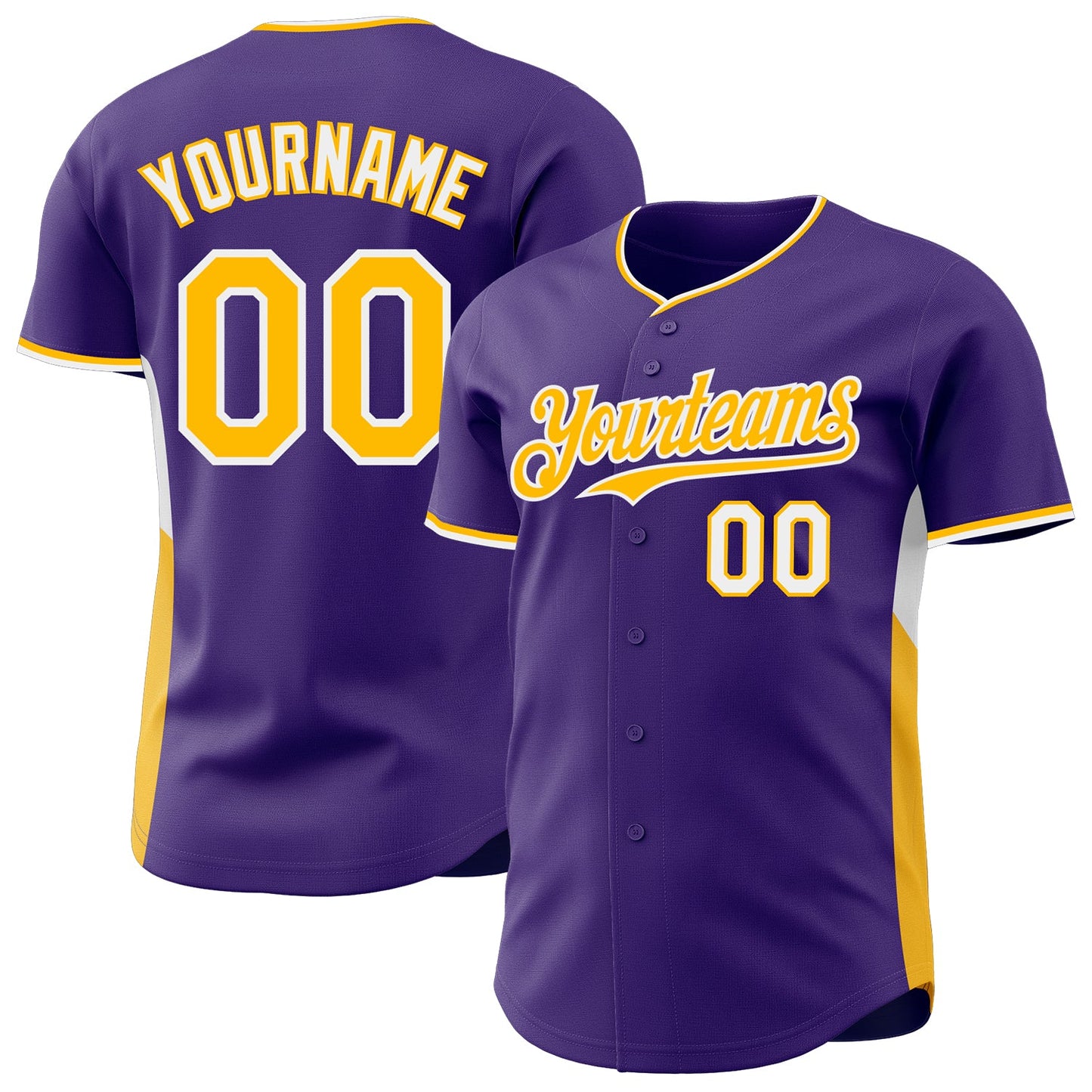 Custom Purple Gold-White Classic Color Block Side Panel Stripe Authentic Baseball Jersey - Main View