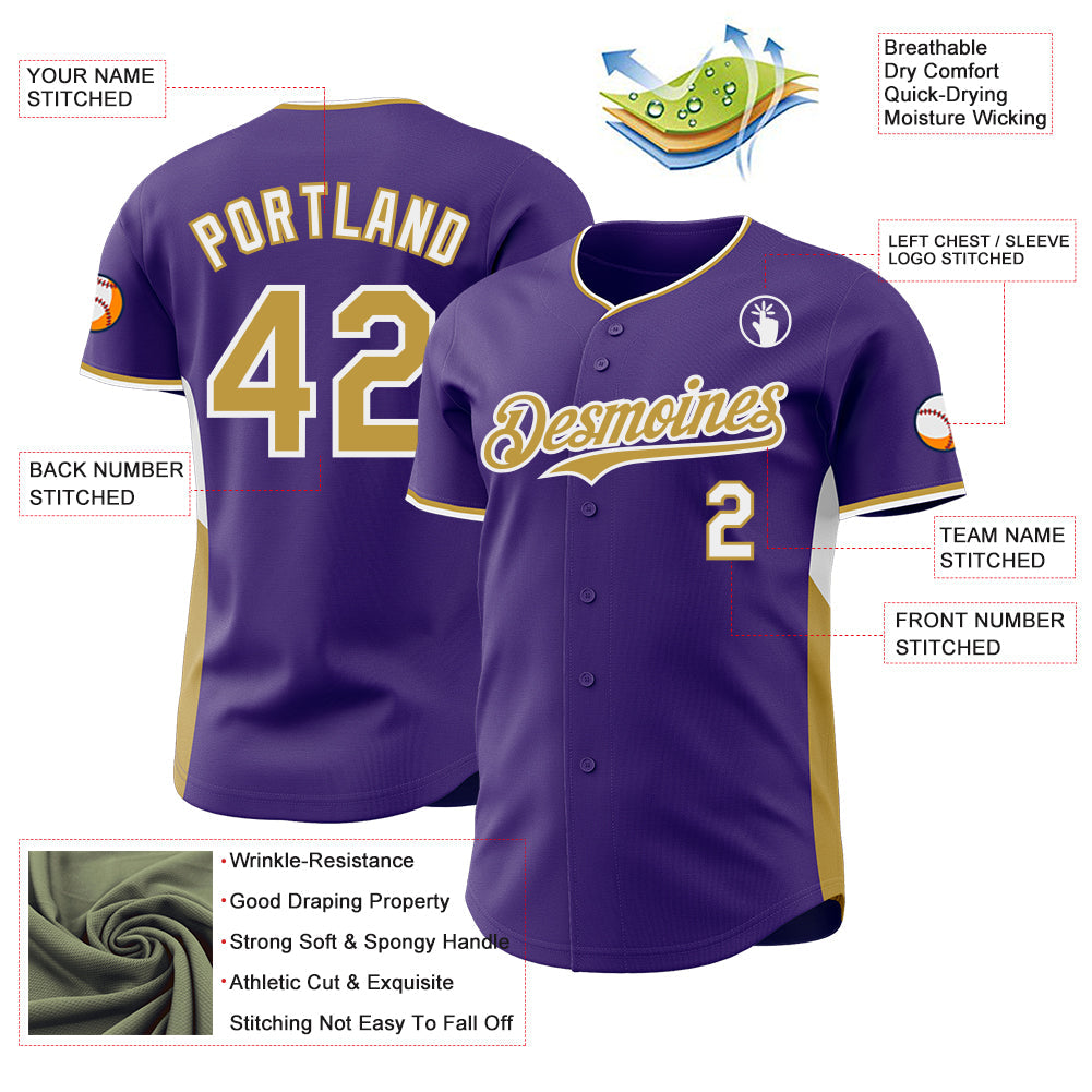 Custom Purple Old Gold-White Classic Color Block Side Panel Stripe Authentic Baseball Jersey view 3