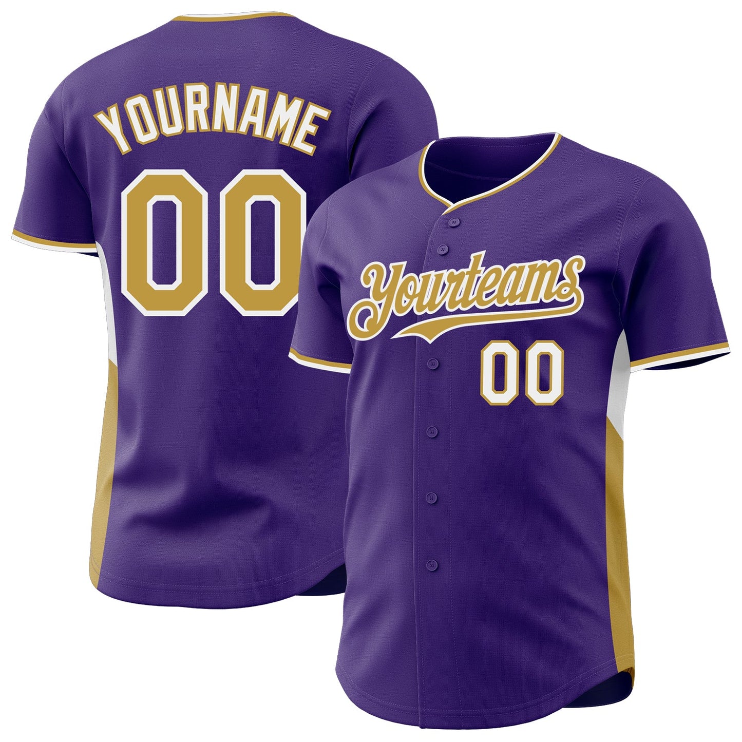 Custom Purple Old Gold-White Classic Color Block Side Panel Stripe Authentic Baseball Jersey - Main View