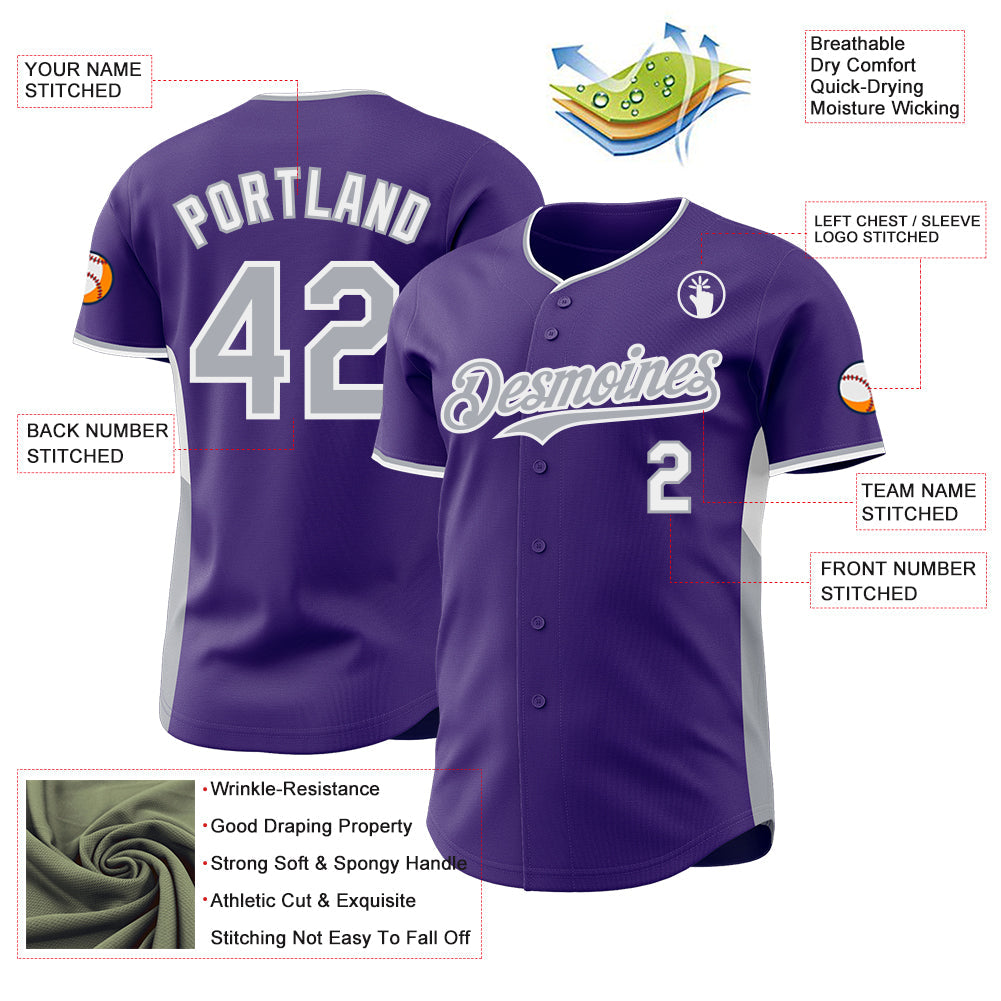 Custom Purple Gray-White Classic Color Block Side Panel Stripe Authentic Baseball Jersey view 3