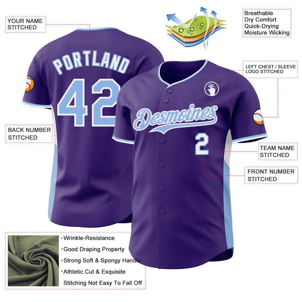 Custom Purple Light Blue-White Classic Color Block Side Panel Stripe Authentic Baseball Jersey view 3