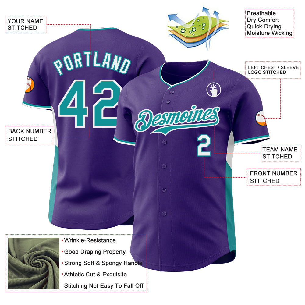 Custom Purple Teal-White Classic Color Block Side Panel Stripe Authentic Baseball Jersey view 3