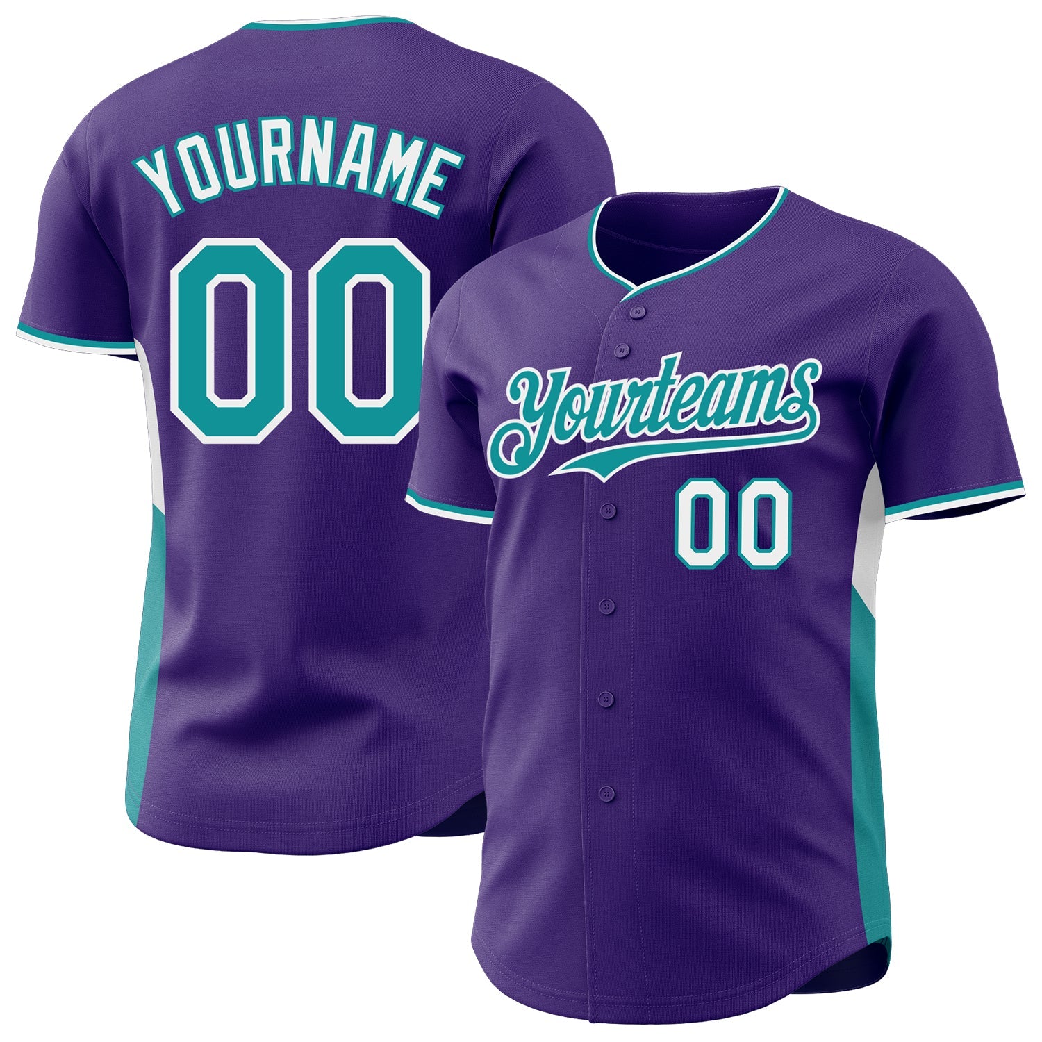 Custom Purple Teal-White Classic Color Block Side Panel Stripe Authentic Baseball Jersey - Main View