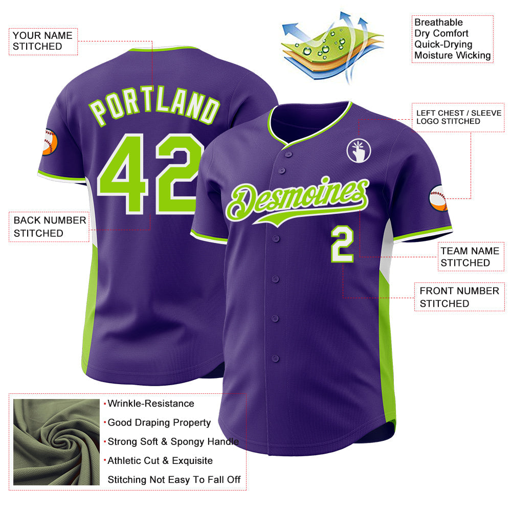 Custom Purple Neon Green-White Classic Color Block Side Panel Stripe Authentic Baseball Jersey view 3
