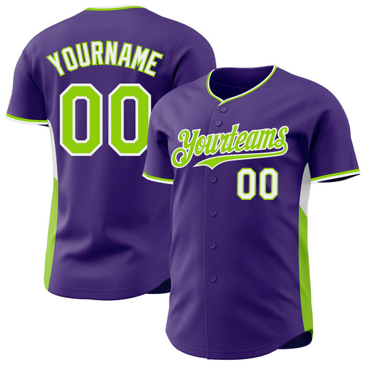 Custom Purple Neon Green-White Classic Color Block Side Panel Stripe Authentic Baseball Jersey - Main View