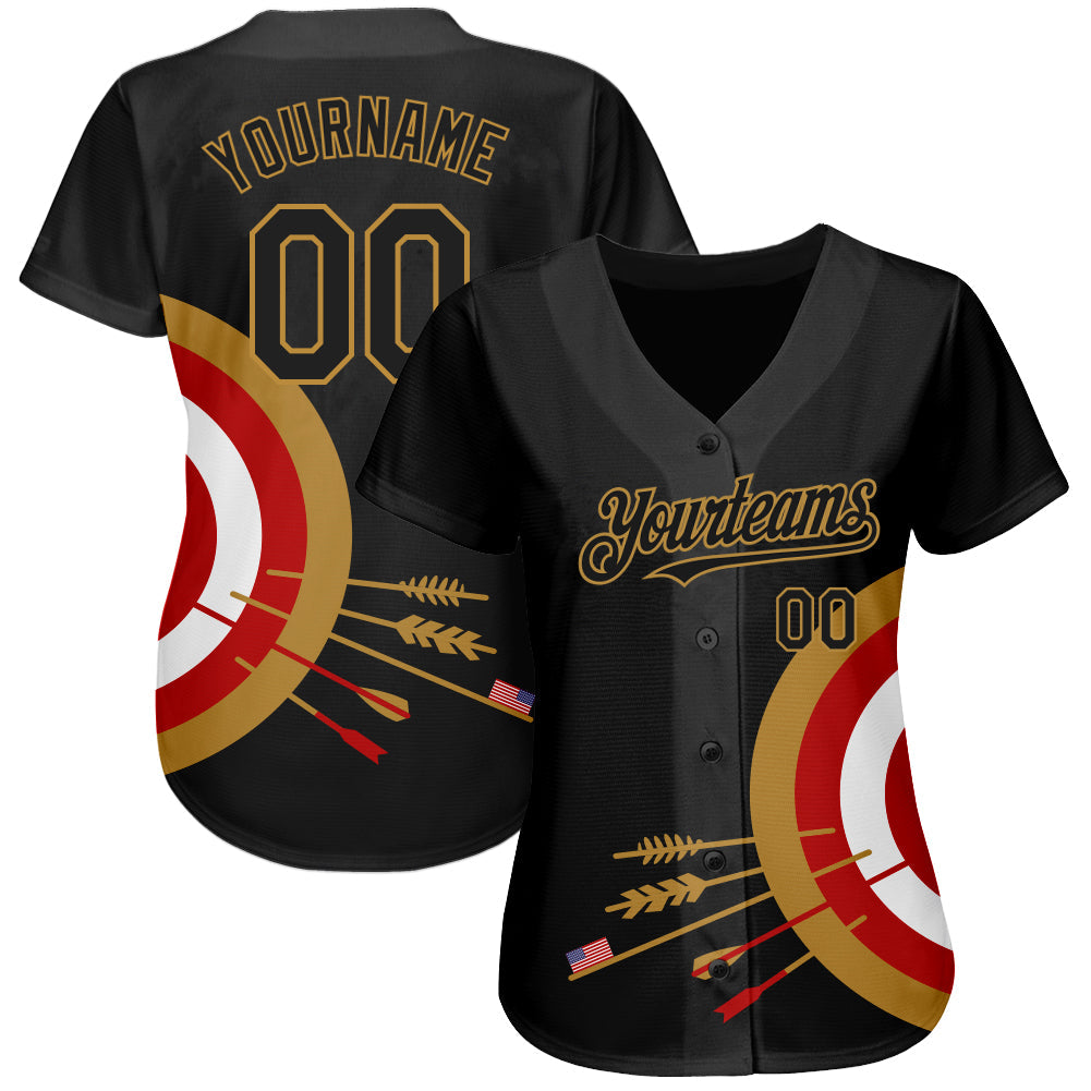 Custom Black Old Gold-Red 3D Pattern Design Dart Board Target Authentic Baseball Jersey view 2