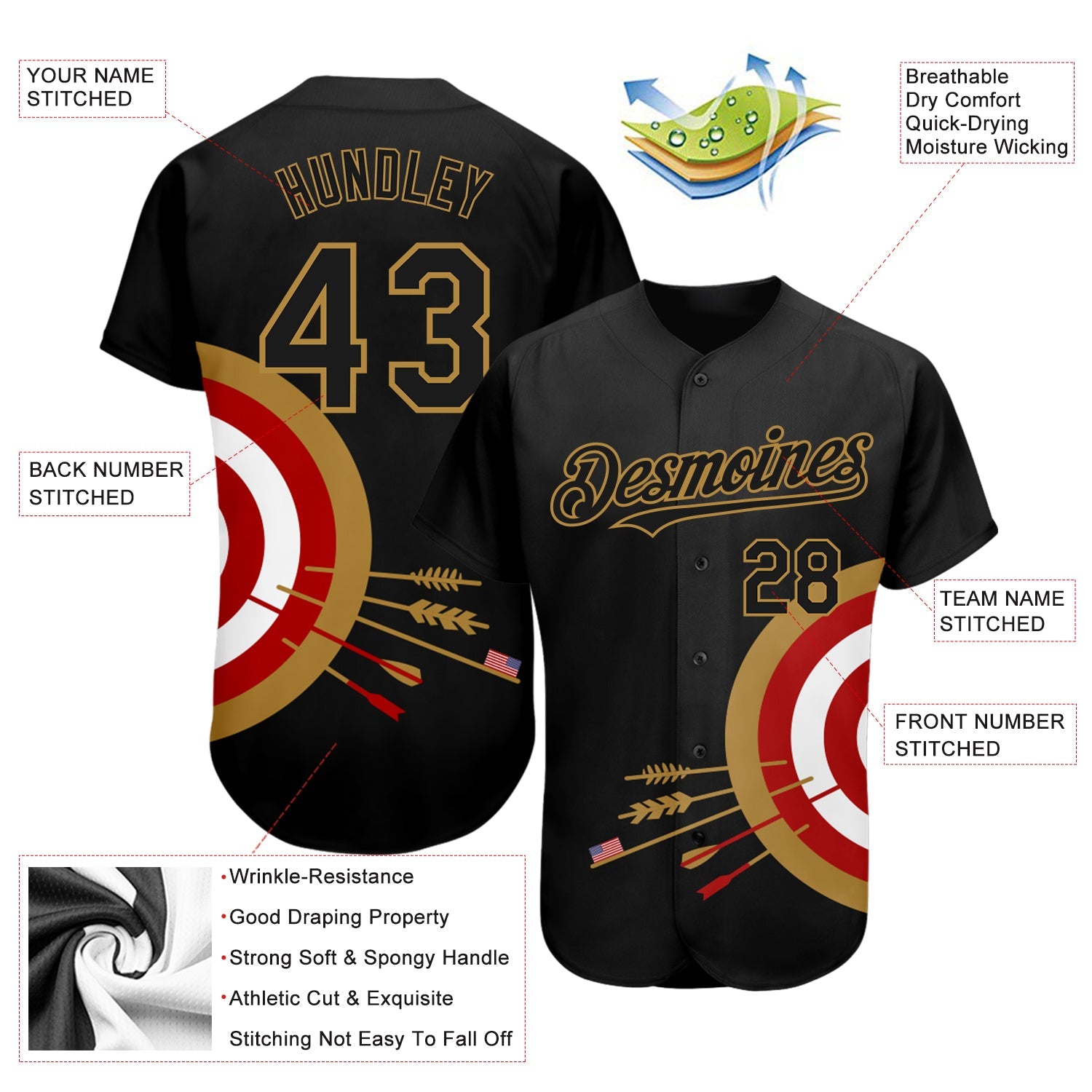 Custom Black Old Gold-Red 3D Pattern Design Dart Board Target Authentic Baseball Jersey view 3