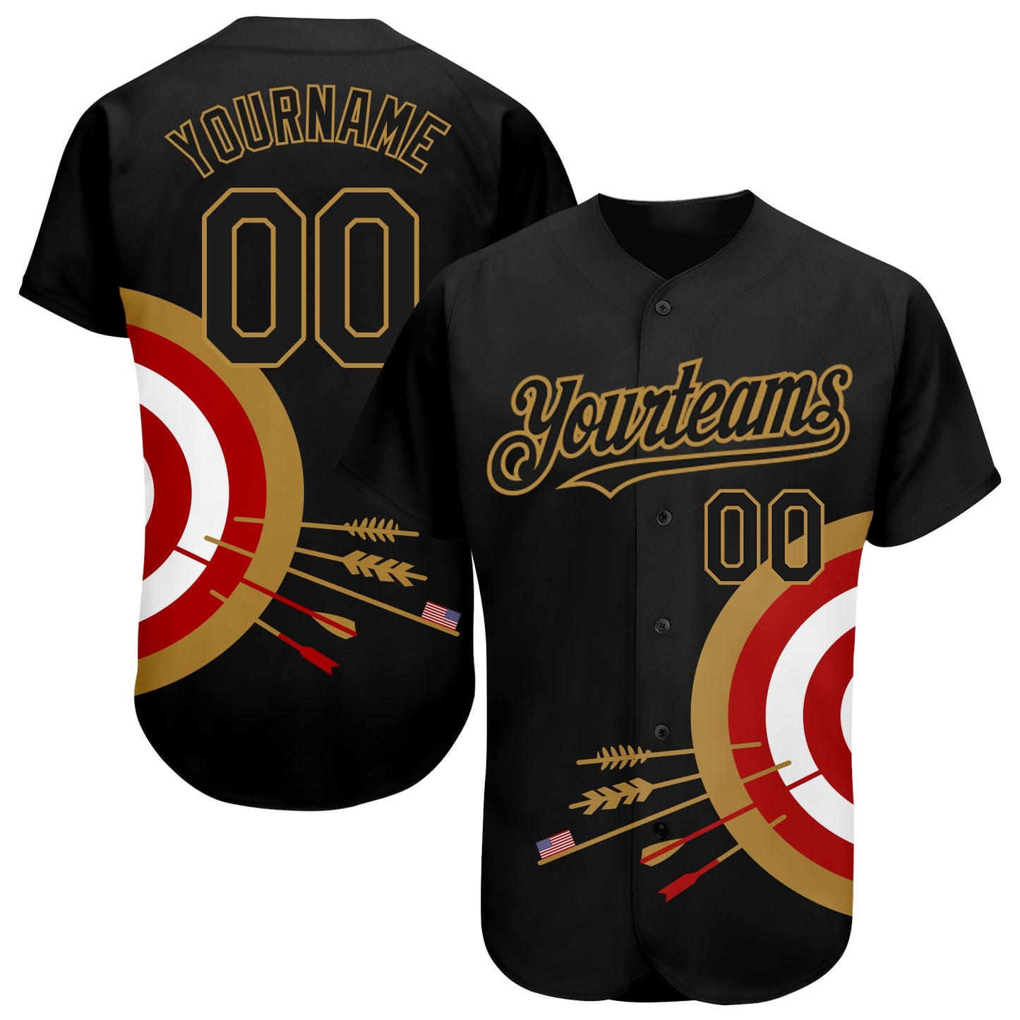 Custom Black Old Gold-Red 3D Pattern Design Dart Board Target Authentic Baseball Jersey - Main View