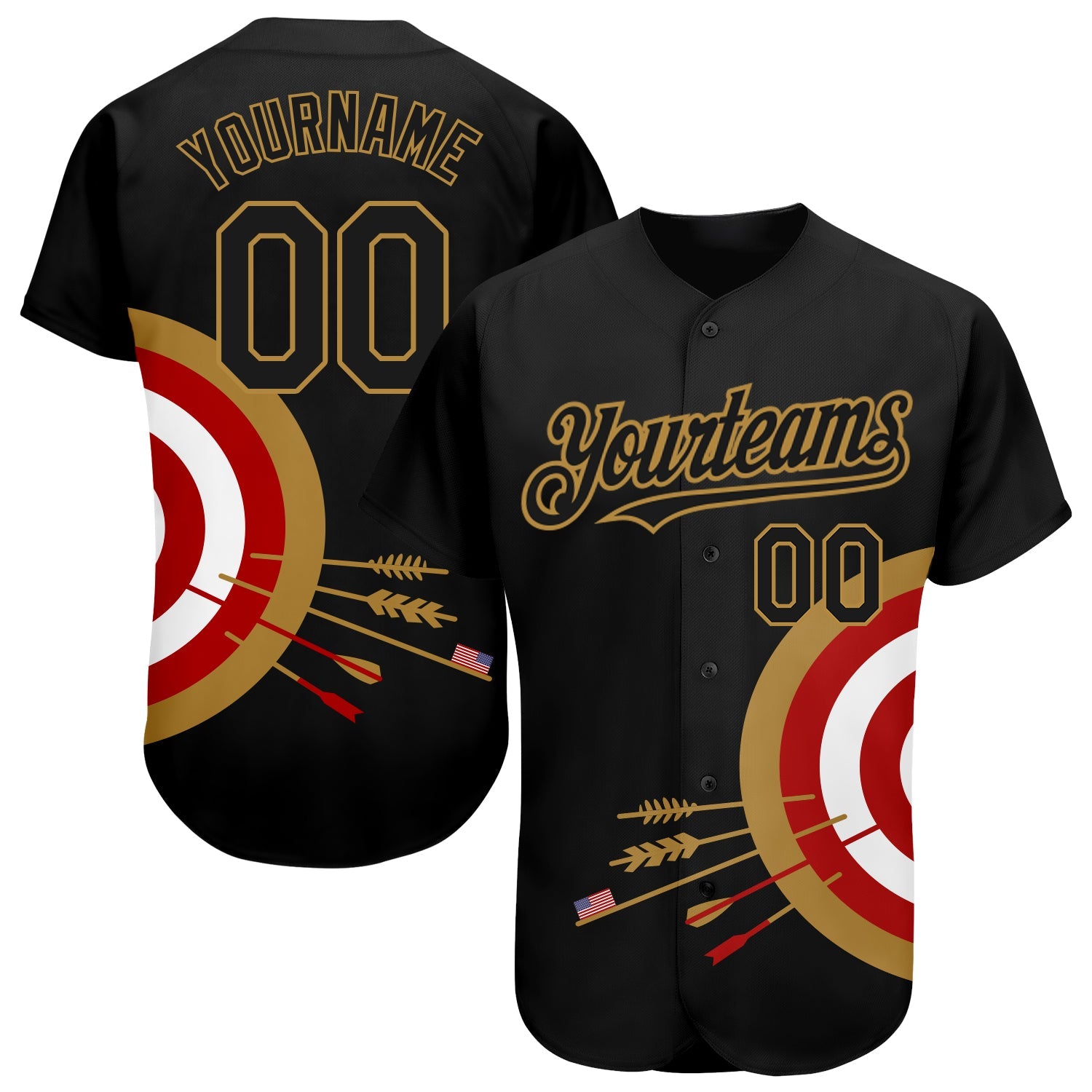 Custom Black Old Gold-Red 3D Pattern Design Dart Board Target Authentic Baseball Jersey - Main View