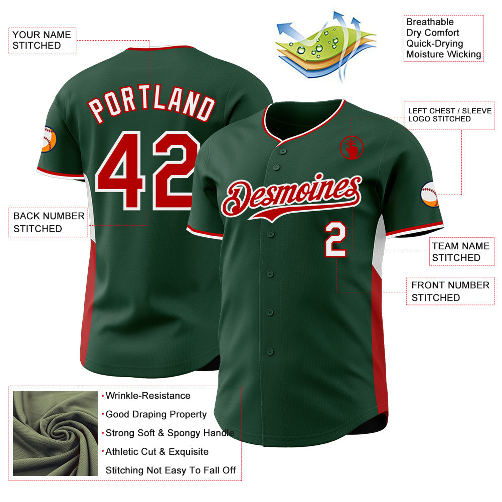 Custom Green Red-White Classic Color Block Side Panel Stripe Authentic Baseball Jersey view 3