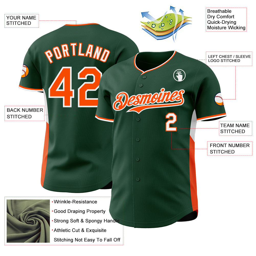 Custom Green Orange-White Classic Color Block Side Panel Stripe Authentic Baseball Jersey view 3