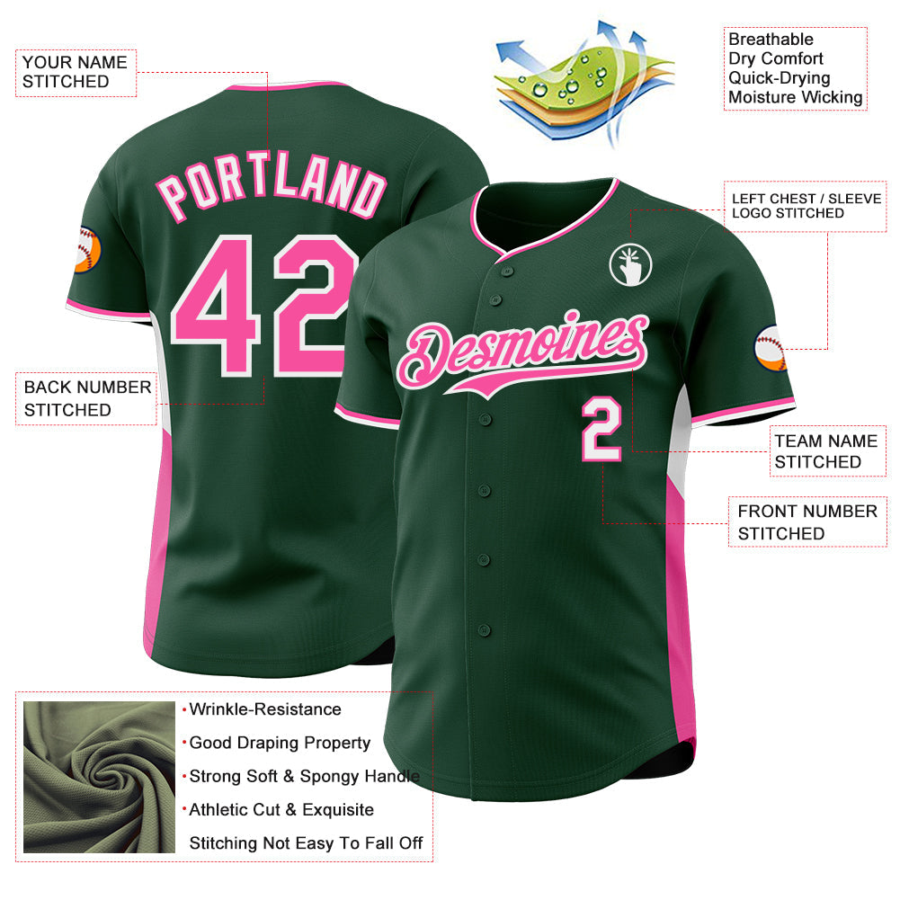 Custom Green Pink-White Classic Color Block Side Panel Stripe Authentic Baseball Jersey view 3